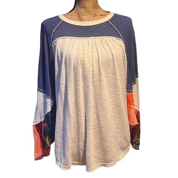 We The Free Free People Friday Fever Patch Work Detail Bell Sleeves Top size S - Picture 3 of 16